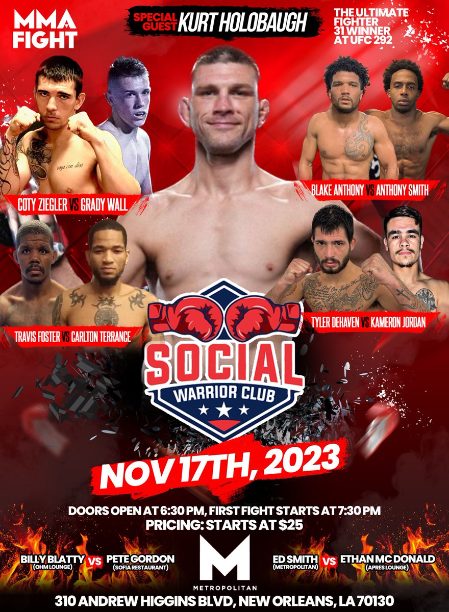 What's up MMA fans?
Are you ready for our next event in New Orleans, USA
We have a great lineup of fights featuring some of the best out-of-town talent along with some hometown heroes!
Tickets &amp; live streaming will be available soon, so follow our social media to keep up to date!