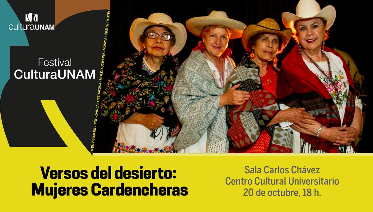 UNAM_MX's tweet photo. ¡Viaja en el tiempo con las Mujeres Cardencheras 🗣️ 🎵! Llegan al #FestivalCulturaUNAM con cantos típicos del norte de México que datan del siglo XVIII y cuentan historias de desamor y despedida > https://t.co/p4mj75ek0N https://t.co/C4OIAo12Zn