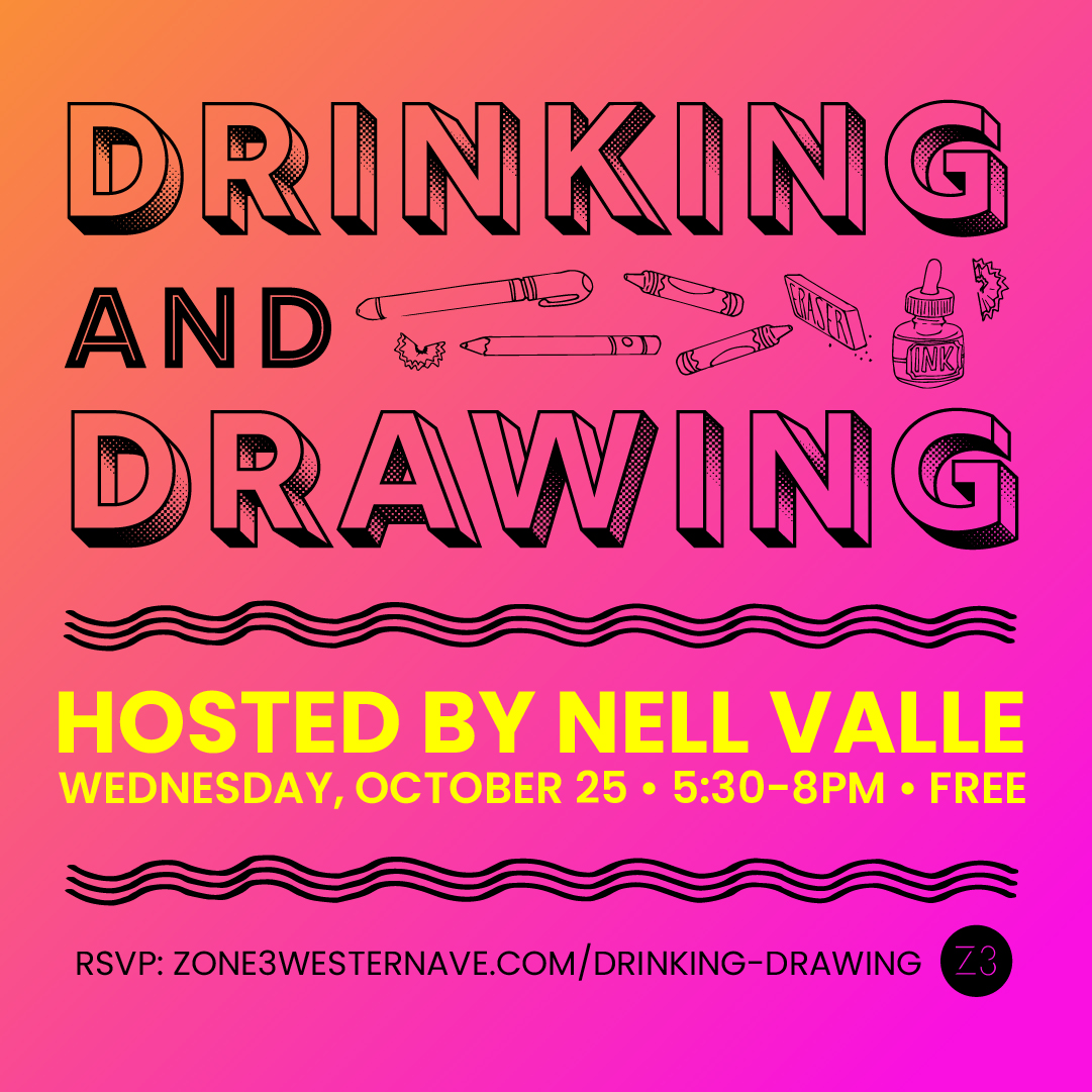 📣 ONE WEEK FROM TODAY! Join us as Nell kicks off the drinking and drawing session with "Animal Character Creations" night. 

🐹Nell is a Chinese-American illustrator from Boston, known for her vibrant colors and bold lines.

🎟️FREE for those 21+. RSVP 👉 zone3westernave.com/drinking-drawi…