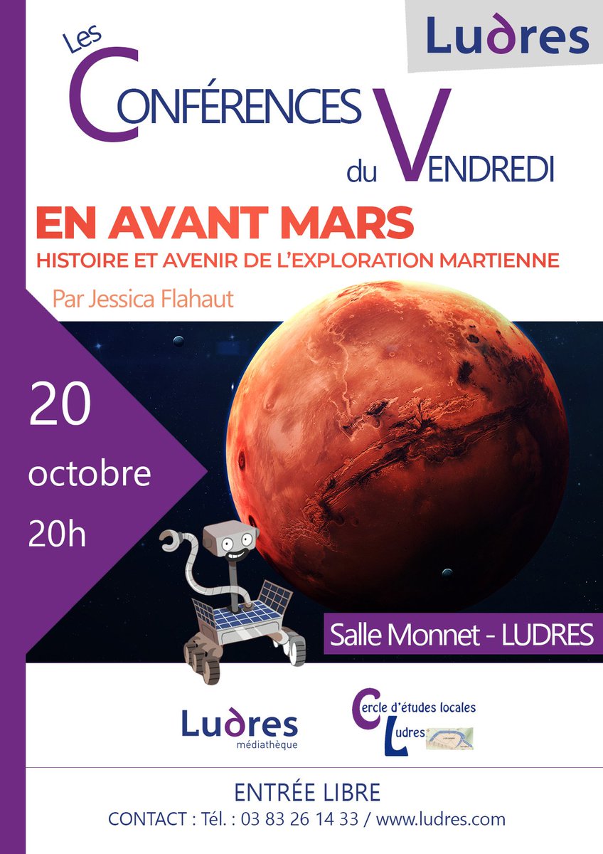 #EnAvantMars 🚀, c'est aussi le nom de la conférence qui sera donnée à Ludres ce vendredi 20 Octobre à 20h par Jessica Flahaut &amp; @NicolasBeck4; venez nombreux! <a href="/Univ_Lorraine/">Lorraine</a> <a href="/CNRS_Centre_Est/">CNRS Centre-Est</a>