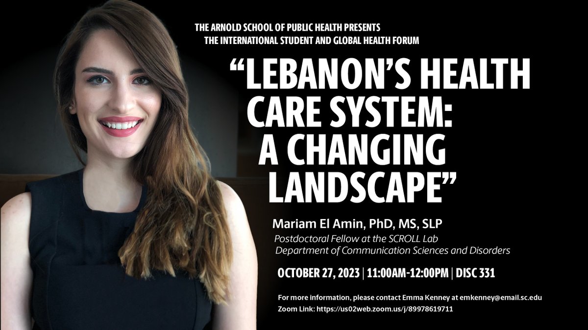USC Arnold School of Public Health (@uscarnoldschool) on Twitter photo Interested in #GlobalHealth? Don't miss our next forum, when <a href="/UofSC_COMD/">USC Communication Sciences and Disorders</a> postdoctoral fellow <a href="/MariamElAmin1/">Mariam El Amin, Ph.D. | مريم</a> will talk about Lebaon's Health Care System. October 27 at 11am 📅
ow.ly/FUmk50PXNbP <a href="/SuzAdlof/">Suzanne Adlof</a> <a href="/UofSCevents/">UofSC Events</a> Interested in #GlobalHealth? Don't miss our next forum, when <a href="/UofSC_COMD/">USC Communication Sciences and Disorders</a> postdoctoral fellow <a href="/MariamElAmin1/">Mariam El Amin, Ph.D. | مريم</a> will talk about Lebaon's Health Care System. October 27 at 11am 📅
ow.ly/FUmk50PXNbP <a href="/SuzAdlof/">Suzanne Adlof</a> <a href="/UofSCevents/">UofSC Events</a>