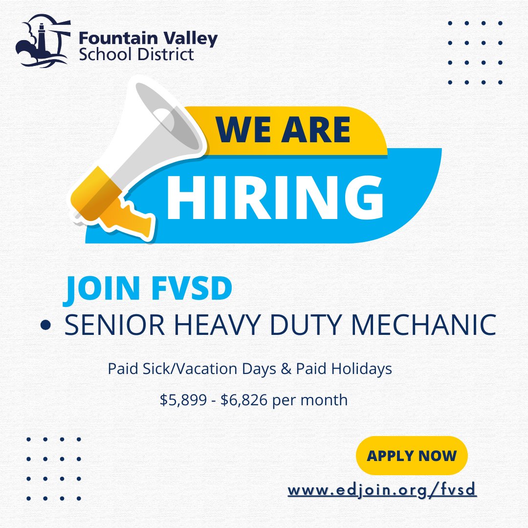 📣 Job Opening: Senior Heavy Duty Mechanic 📣 Do you have one year of journey-level automotive or diesel maintenance and repair experience?

Join our team and enjoy benefits like paid sick/vacation days, paid holidays, and health &amp; welfare benefits!

edjoin.org/fvsd