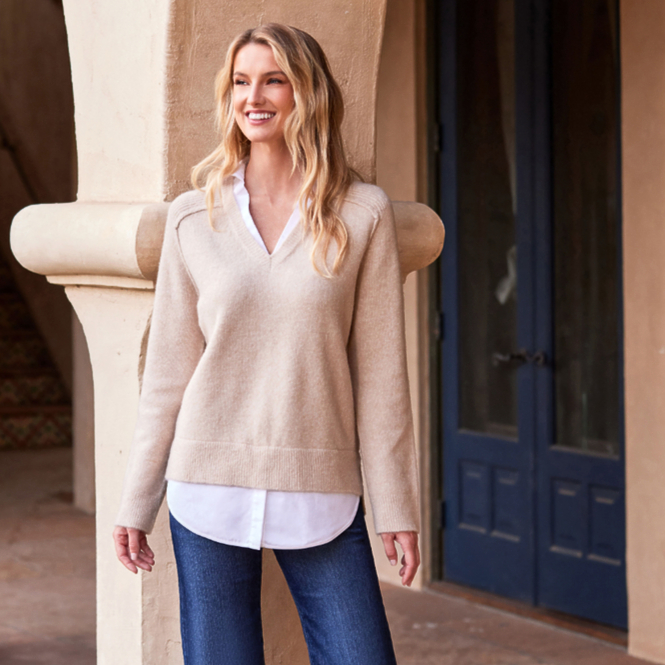 The Layered Sweater- a bestseller! Coming in Wheat and Sand and offering a timelessly stylish, easy-to-wear silhouette.