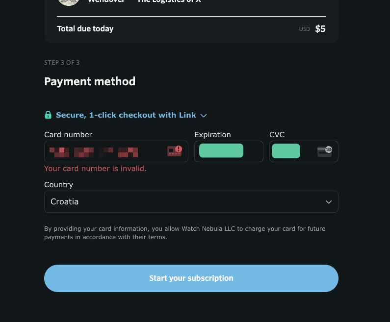 iquadmachine's tweet photo. @WatchNebula Hey, I'm trying to subscribe but keep getting this error, and my card number is most definitely valid. Can you check please? https://t.co/n3TUDhLd2o