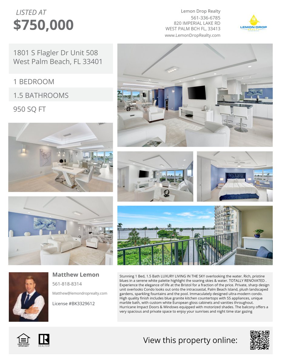 LemonDropRealty's tweet image. JUST LISTED 1801 S Flagler Dr #508 at South Rapallo
Offered at $750,000 
1 Bed/ 1.5 Bath 950sq ft Water front #condo #homebuyers #homesellers #zillowI you're thinking about making a move contact #Realtor Matthew Lemon #561.818.8314 #LemonDropRealty