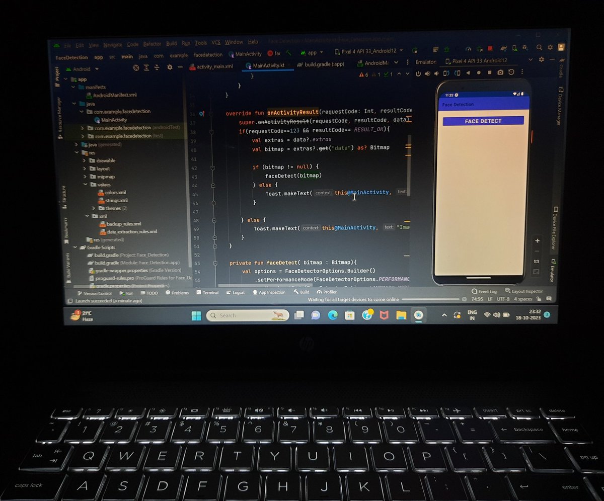 aa_kanshamittal's tweet photo. Implementing Machine learning in Android applications ✨️
I have built a face detection application using google developer studio's MLkit.
Features - 1. Smile percentage 
2. Left eye opening percentage
3. Right eye opening percentage
Thanks @saumya1singh ma'am for your guidance https://t.co/63L1iVhsEZ