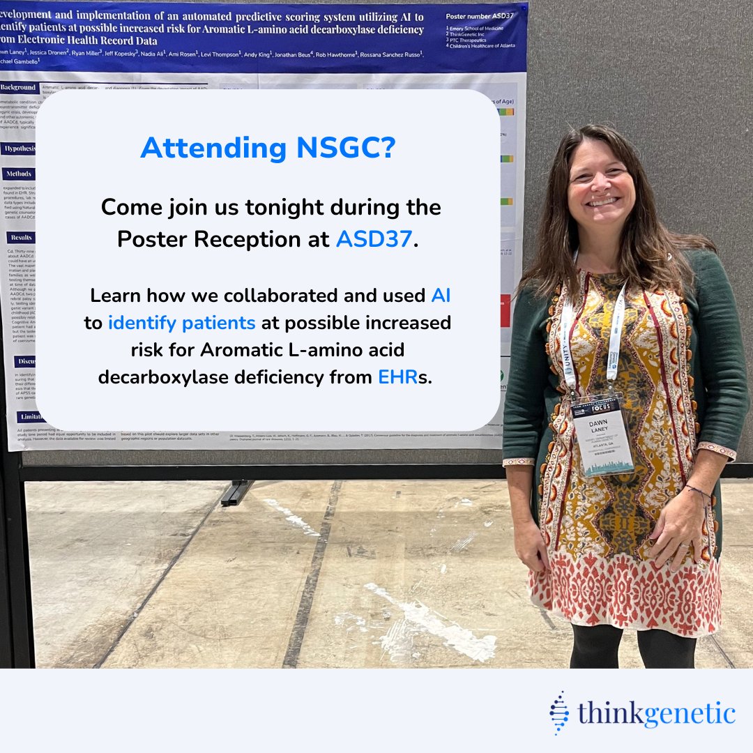 🔬 Today at #NSGC23, we reveal groundbreaking research on AADC deficiency. Join us at the Poster Gallery to learn how AI and EHRs identify patients at risk for rare diseases.

Can't make it to NSGC? The results will be shared tomorrow at thinkgenetic.com! #RareDisease