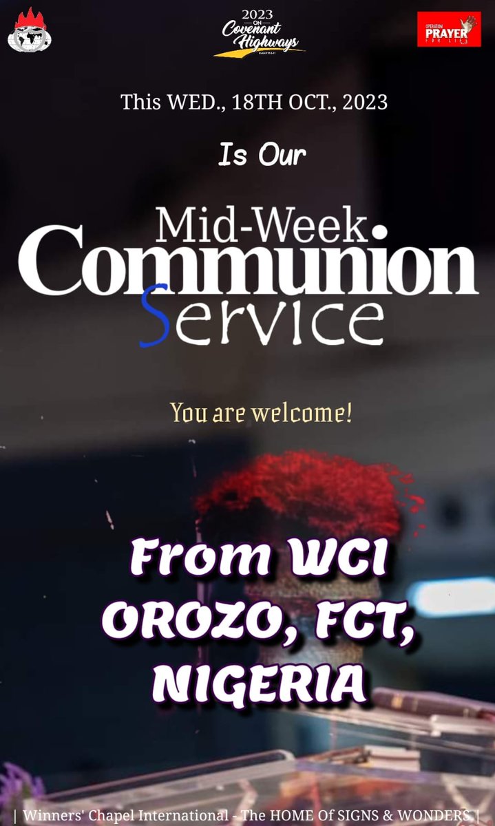 WinnersChapelNL's tweet photo. Mid-Week Communion Service, WED., OCT., 18TH., 2023 From WCI @ #Orozo FCT #Abuja Via #YouTube :👉 https://t.co/GWD8ftQc0L 👈| You're Welcome 👉 https://t.co/KAXVl1M1VC 👈| #IWillNotLeaveYouHelpless | #ChangeOfStory | #CovenantHighways | https://t.co/ciut25hp8U