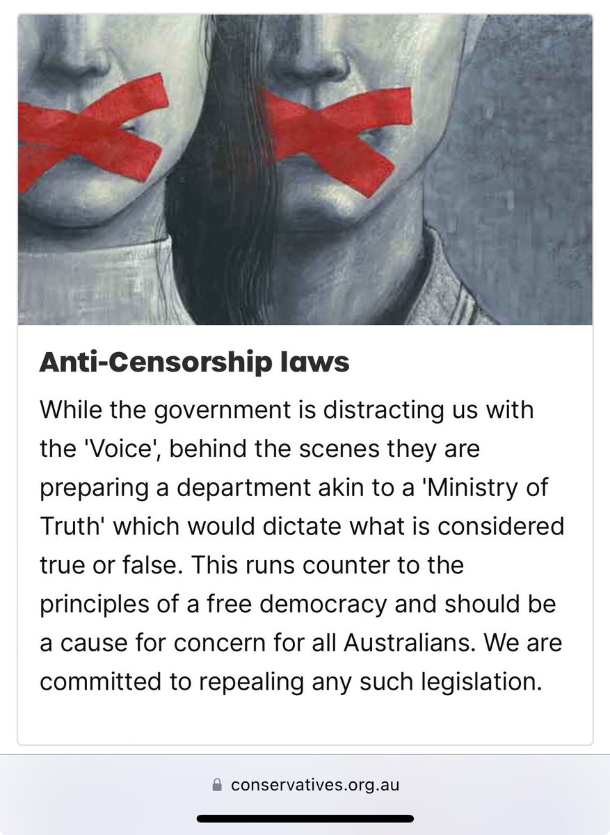 AUConservatives's tweet photo. The Labor government are now talking about the Ministry of Truth again after the Voice debacle. They want to take our voice away. We put this up in September: https://t.co/J5YffNJfhR