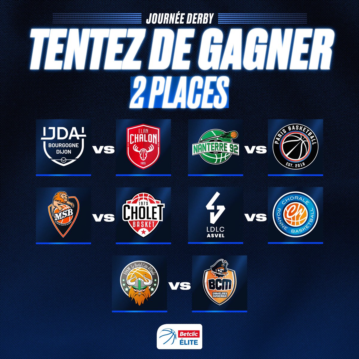 Betclic_ELITE's tweet photo. 🎁 2 places à gagner à l'occasion de la #JournéeDerby ⚡️

Pour participer : 
1️⃣ RT ce post
2️⃣ Follow @LNBofficiel
3️⃣ Indique le derby que tu souhaites aller voir en commentaires 

🍀 TAS ce vendredi 20/10 à 12h. https://t.co/yVnsuRm4xE