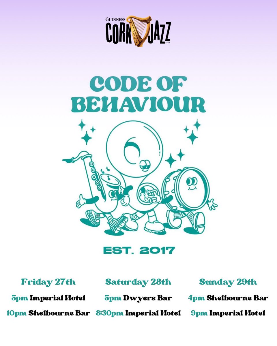 CodeOfBehaviour's tweet image. Merry Jazzmas ya filthy animals 🎷🎺🥁

It’s just over a week until @corkjazzfest gets underway and we are buzzing to see you all for our SIXTH jazz weekend 🥳

We’ve a jam-packed schedule as usual, so you’ve no excuse not to see us. And who knows where else we might pop up! 👀