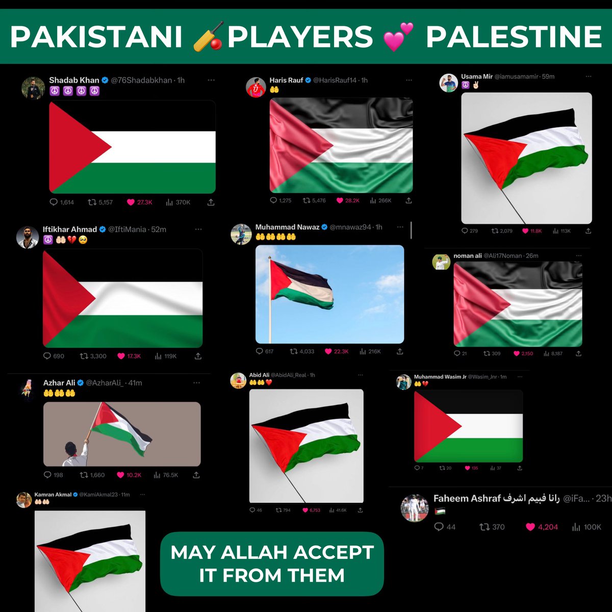 adeelmalik00001's tweet photo. Pakistani current and former cricket players have taken to Twitter to show their support for Palestine 🇵🇸. Every voice counts and it shows our solidarity. #OneUmmah #OnePain #FreePalestine https://t.co/BIAuf1UsEp
