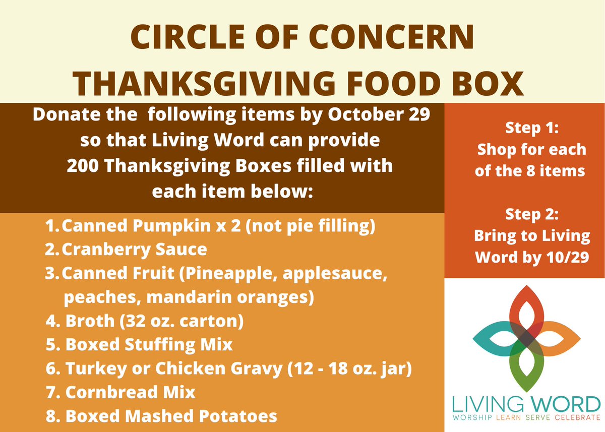LivingWordUMC's tweet image. Join Living Word in providing Thanksgiving meal items for families in need through Circle of Concern. Help Living Word  reach our goal of 200 sets by 10/29!

#WeAreLivingWord #CircleofConcern