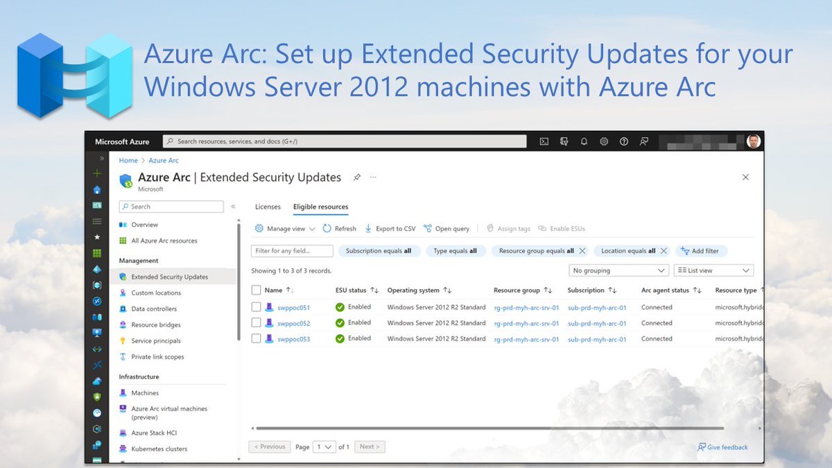 wmatthyssen's tweet photo. 📝 #Azure Arc: Set up Extended Security Updates for your #WindowsServer 2012 machines with Azure Arc

➡️ Onboard #W2K12 #W2K12R2 machines to #AzureArc, create an #ESU license, and link it to your servers efficiently.

🔗 https://t.co/xrB10anBy0

#Microsoft  #HybridCloud #MVPBuzz https://t.co/M7jpa8sVvF
