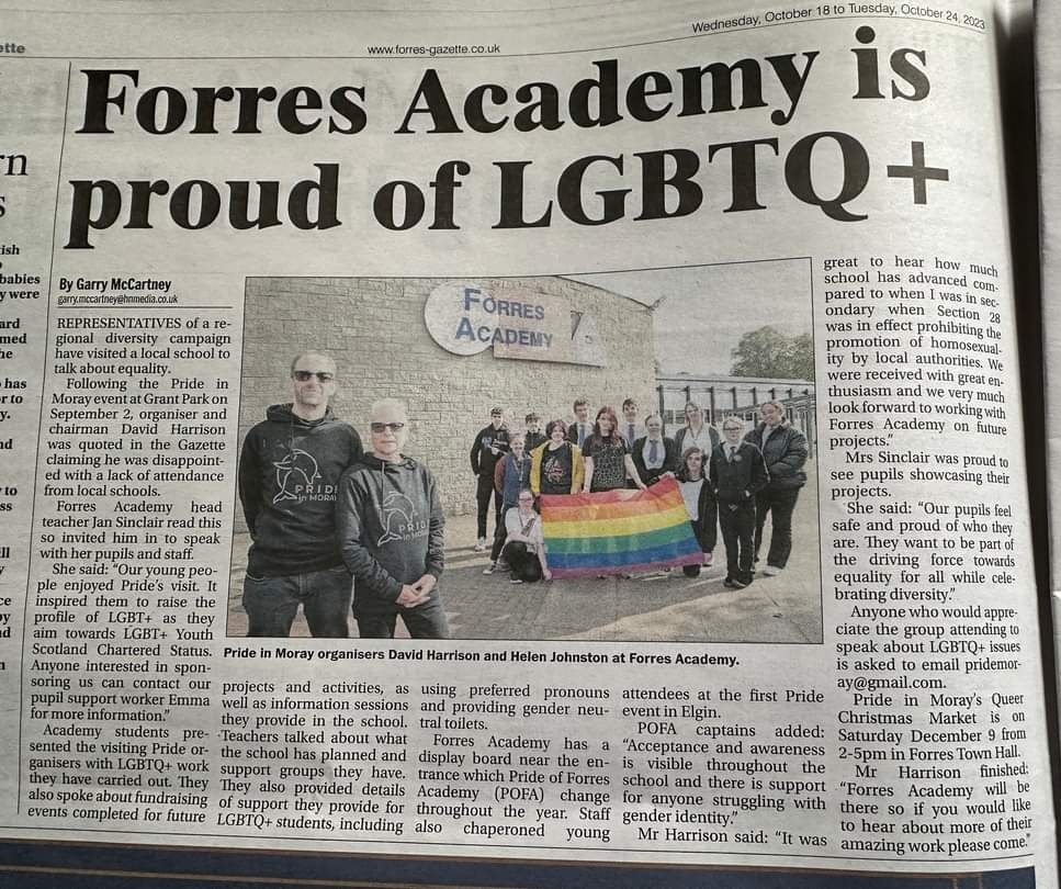 MatthiasEmma_'s tweet photo. It's so lovely to see an article showing how @forresacademy1 supports LGBTQ+ young people! I hope they all see this and are buzzing about it!
If anyone would like to sponsor us as we embark on the LGBT Youth Scotland Charter status please DM me!
#theforresway #LGBTQ https://t.co/ZyDA3CqysI