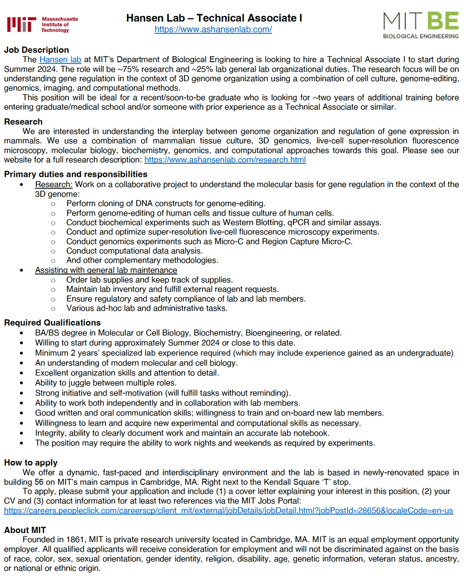 Come and join us!
We are looking to recruit a Research Assistant/Technical Associate I to join our team Summer 2024. 

This could be an ideal position for someone looking for 2 years of research experience before starting graduate school. 

Apply:  careers.peopleclick.com/careerscp/clie…