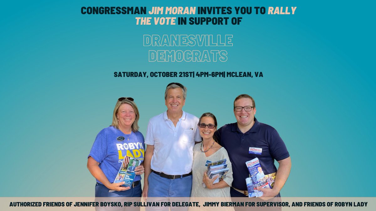 We are just 20 days away from Election Day! Help us keep up the momentum &amp; join Dranesville Dems this weekend as we rally the vote and gather to build excitement for GOTV: 
tinyurl.com/DRANESVILLE1021