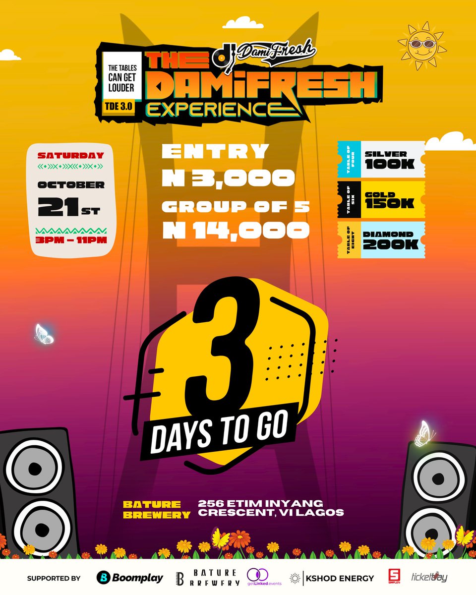 damifreshmusic's tweet photo. We are super excited and can’t wait to party with you all this Saturday at #TDE3
Get your tickets, link in Bio ⬆️
#thedamifreshexperience #damifreshmusic #TDE3 https://t.co/4hRej1efXY