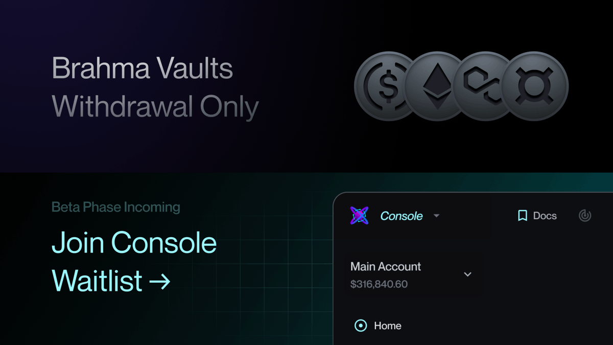 BrahmaFi's tweet photo. 1/ Over the course of the past year, Brahma has been building Console; to transform DeFi execution for the better🔗

Today, we cease operations of Brahma Vaults to channel the teams' expertise to fully deliver Console to DeFi power users and devise significant execution + automation capabilities in a self-custodial environment.

🔎 Read more: https://t.co/hjymWumugG