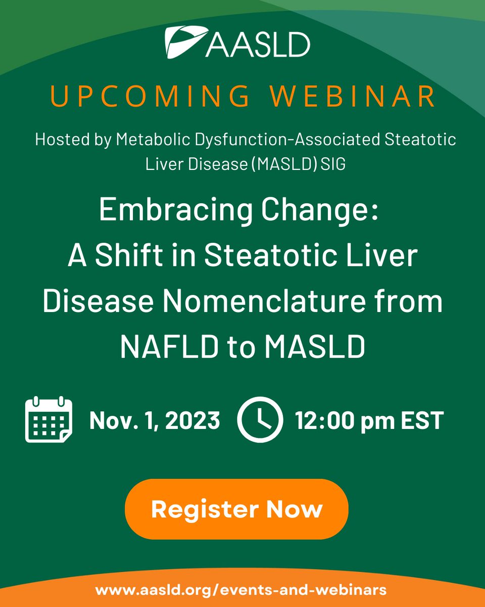 AASLDtweets's tweet photo. The nomenclature change marks a significant advancement in liver disease. Join this webinar Nov. 1 at 12:00 pm EST to delve into the rationale and purpose of this shift in nomenclature. Register today! https://t.co/Qxd5BdwlrH #LiverTwitter https://t.co/U3CZaFVQyF