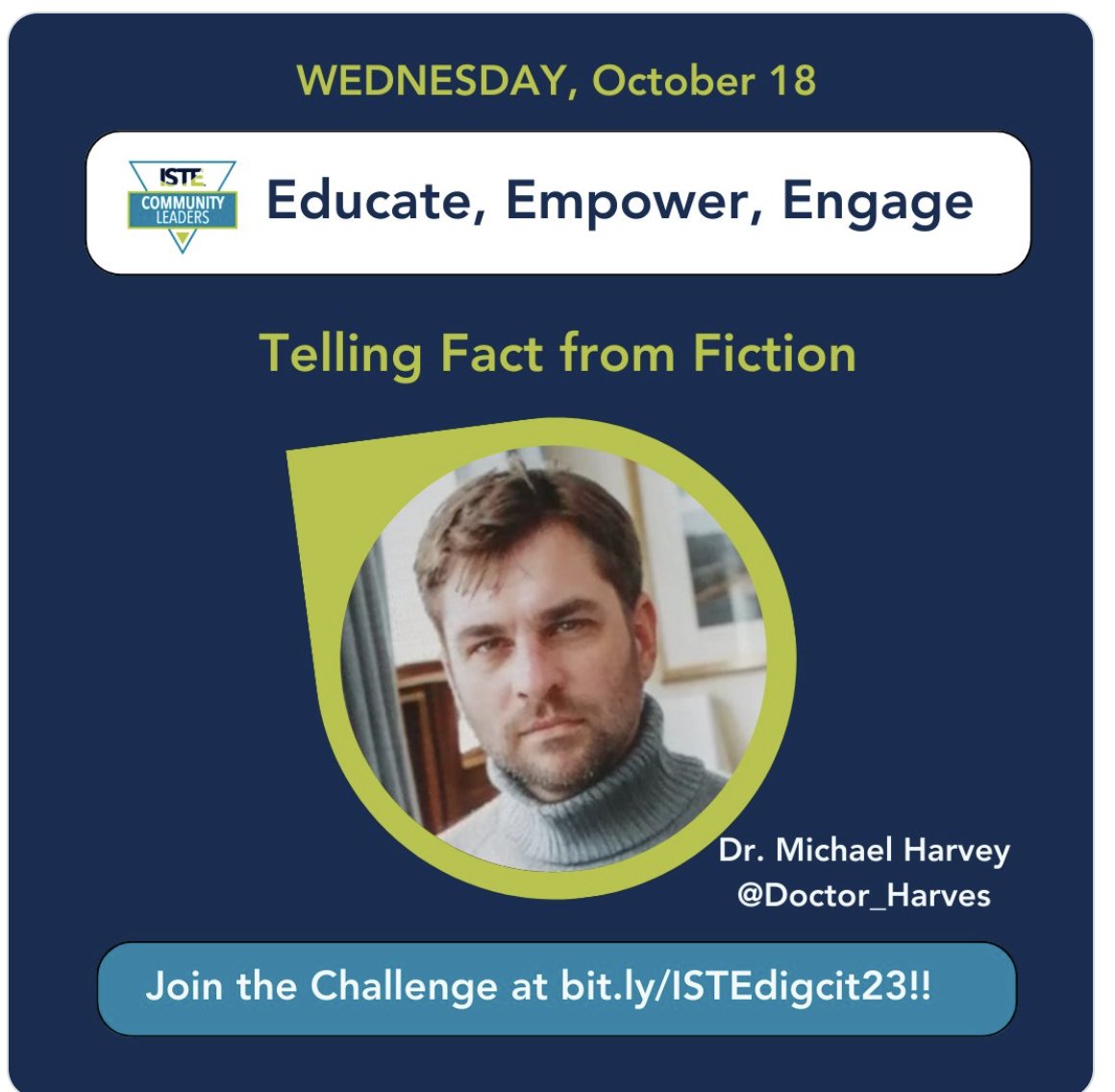 Happy Wednesday! In honor of #DigCitWeek, @Doctor_Harves gives us a strategy to tell fact from fiction. ➡️ Watch his video and join the challenge by heading to bit.ly/ISTEdigcit23!! #DigCit23 #EducateEmpowerEngage