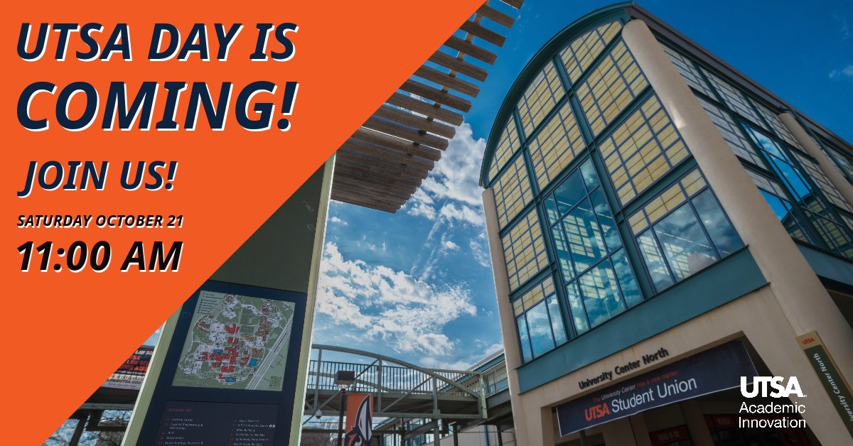 #UTSA Day on 10/21 starts at 11 am #FutureRoadrunners! This is open house event includes tours, presentations, workshops & more. Discover more about the program you're interested in, hear from admissions staff, & learn about financial aid options. Visit utsa.me/3RtIJk2