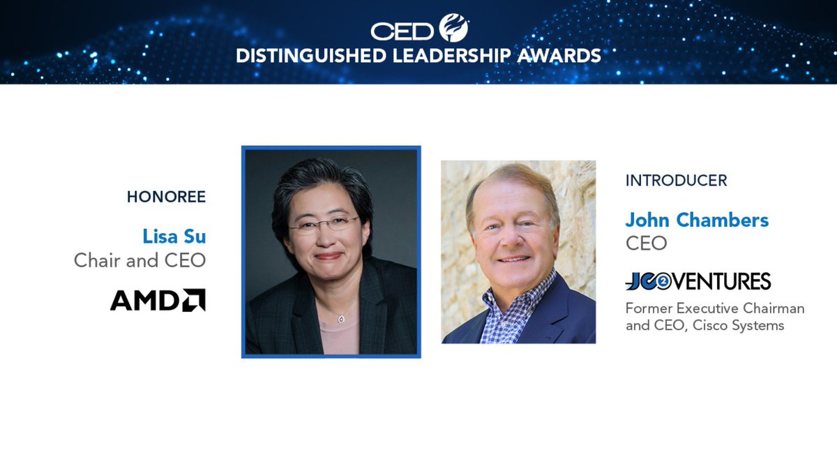 Committee for Economic Development (@cedupdate) on Twitter photo Next week we will honor 6 extraordinary CEOs at the 2023 Distinguished Leadership Awards Celebration. Join us in congratulating honoree <a href="/LisaSu/">Lisa Su</a>, Chair and CEO of <a href="/AMD/">AMD</a>. Presenting Su's award will be <a href="/JC2Ventures/">JC2Ventures</a> CEO <a href="/JohnTChambers/">John T. Chambers</a>. ow.ly/sBjP50PYiHs Next week we will honor 6 extraordinary CEOs at the 2023 Distinguished Leadership Awards Celebration. Join us in congratulating honoree <a href="/LisaSu/">Lisa Su</a>, Chair and CEO of <a href="/AMD/">AMD</a>. Presenting Su's award will be <a href="/JC2Ventures/">JC2Ventures</a> CEO <a href="/JohnTChambers/">John T. Chambers</a>. ow.ly/sBjP50PYiHs