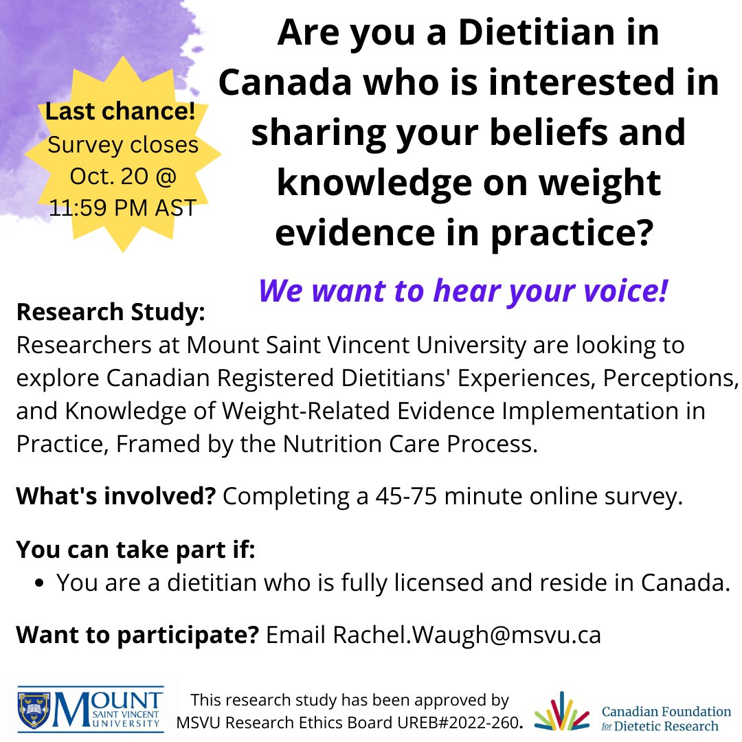 Thank you for your responses to date! Our questionnaire closes this Friday, Oct. 20th at 11:59 PM Atlantic. 📢 Calling all dietitians in Canada! 📢 We invite you to complete our survey on weight-related evidence in practice. 📝 Link here:  surveys.msvu.ca/index.php?r=su…
