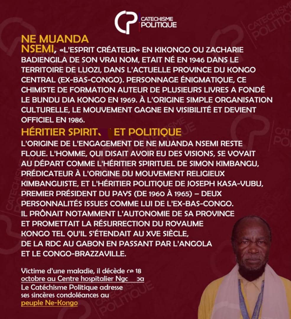 Repos éternel à cet illustre  Ne-Kongo. Nkaka Ne MUANDA NSEMI. L'histoire retiendra qu'à un moment donné, il a été le leader incontesté de toute la province du Kongo Central.
Ba sambisaka moweyi te.
<a href="/GBaruani01/">Glody Baruani</a> 
<a href="/lofoliemmanuel/">Emmanuel LOFOLI</a> 
@VandyKhen