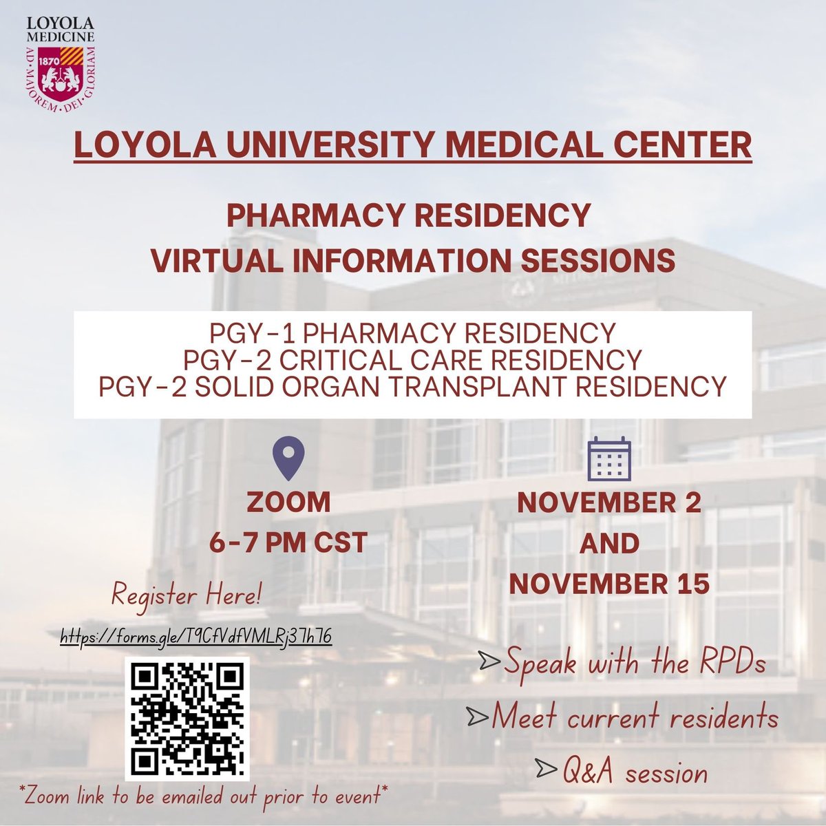 🚨Don’t miss your chance to attend one of our virtual information sessions!🚨

Our first Virtual Open House of the year is Thursday, 11/2! We can’t wait to meet you!

VOH sign up link: forms.gle/9nuXVghiYW6rQp…

#TwitteRx #PharmRes