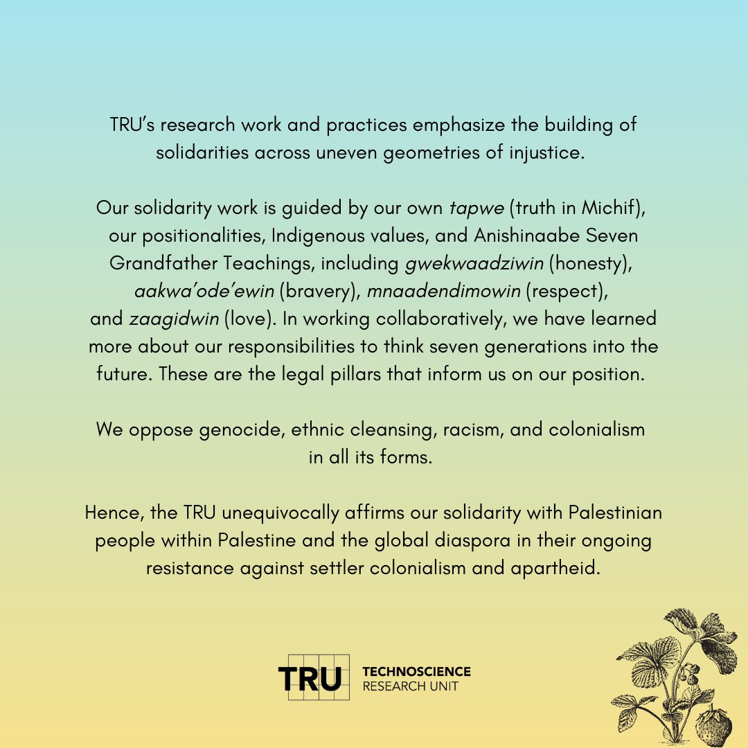 For all of these reasons & more, we unequivocally affirm our solidarity with Palestinian people within Palestine & the global diaspora in their ongoing resistance against settler colonialism & apartheid—and the rights of students, colleagues, & community members to speak freely.