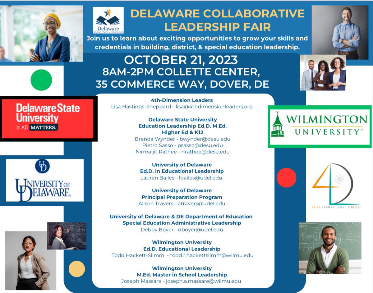 Thanks, <a href="/DEDeptofEd/">DE Dept of Education</a> for hosting opportunities for teacher leaders &amp; those aspiring to lead Delaware schools:
Join DDOE and all DE leader prep programs for an Aspiring Leaders Fair on Sat, Oct 21 in Dover. Learn about administrator certification options including #UDPPP #leadsDE