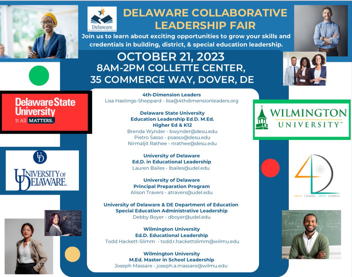 Thanks, @DEDeptofEd for hosting opportunities for teacher leaders & those aspiring to lead Delaware schools:
Join DDOE and all DE leader prep programs for an Aspiring Leaders Fair on Sat, Oct 21 in Dover. Learn about administrator certification options including #UDPPP #leadsDE
