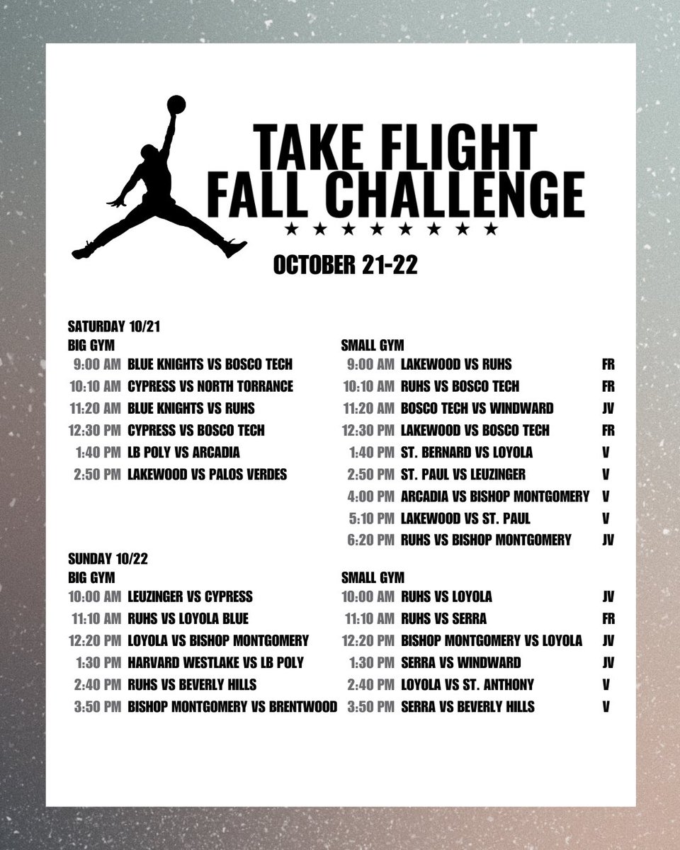 Take Flighth Fall Challenge 2023

Big Gym will have Varsity games
Small Gym will have a variety of FR/SO, JV, and Varsity games