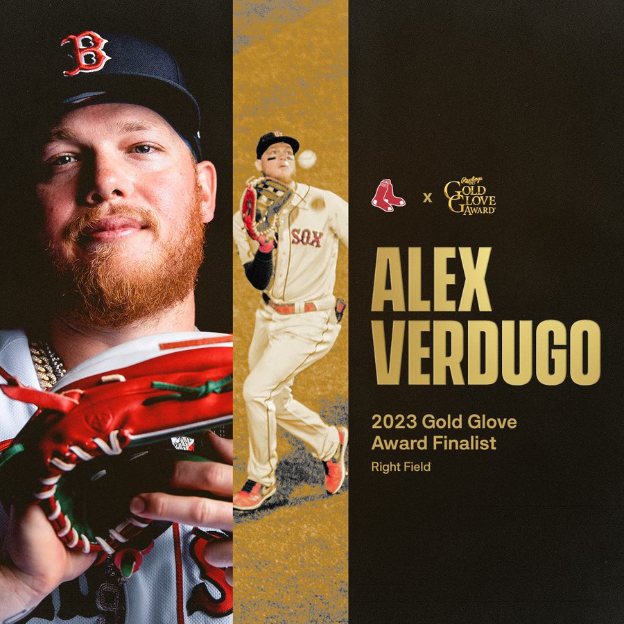 Graphic honoring Alex Verdugo as a 2023 Gold Glove finalist. On the left of the graphic is a portrait photo or Verdugo looking into the camera next to a photo of him making a catch in the outfield. On the right side of the graphic text reads “Alex Verdugo 2023 Gold Glove Award Finalist Right Field".