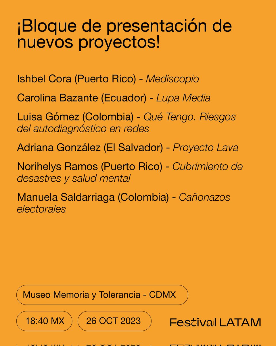 ¡Charlas #FestivalLATAM!

8️⃣ Presentación de Nuevos Proyectos

Conoceremos sobre los proyectos que nacen desde la innovación y talento de la región.

Junto a @unahistoria280 @norihelys_ramos @ilusa_Gomez @CaritoBazante @adrigonzalesc @lanochemochila

📌 festival-latam-2023.boletia.com