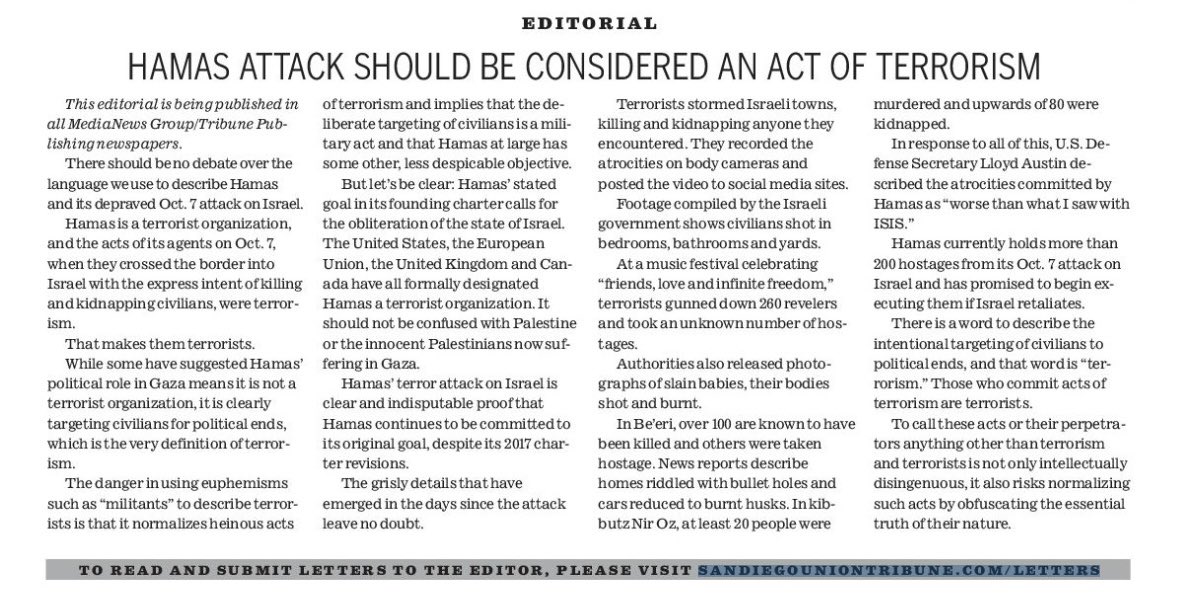 MediaNews Group is running this editorial in all of its newspapers, including today’s Union-Tribune. (see disclaimer) The U-T editorial board hasn’t weighed in on this issue in years – this is the corporate position on Israel/Palestine.