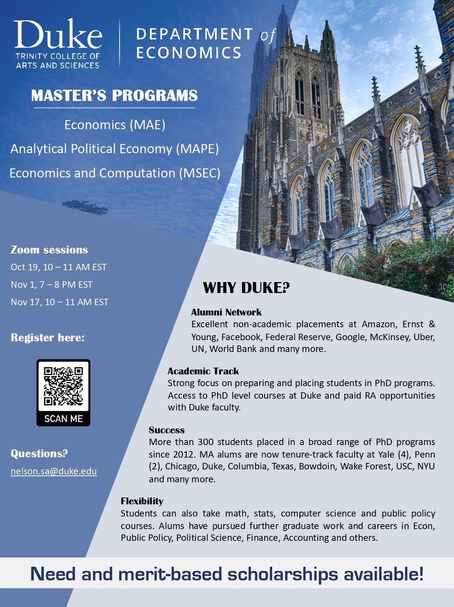 It's that time of the year again. If you know talented undergraduate students interested in getting more exposure to research or economics in general, spread the word. Applications to the <a href="/DukeEcon/">Duke Economics</a> Master's Programs are now open, with information sessions in October and November!