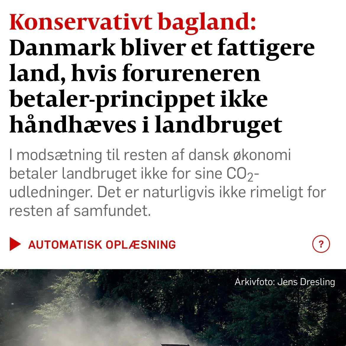 Landbruget skal have en CO2-afgift og den skal være minimum lige så høj som industrien. Ellers bliver Danmark fattigere, klimaet (og naturen) værre og den grønne omstilling langsommere. Det budskab er jeg afsender på sammen med andre gode K'ere i <a href="/politiken/">Politiken</a> #dkpol #dkgreen