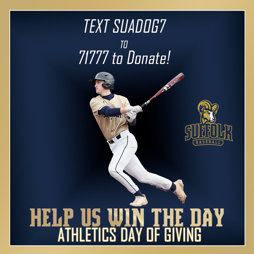 Help Us Win The Day. Support the 2024 Baseball Team During Athletics Day of Giving. Text: SUADOG7 to 71777 to Donate!