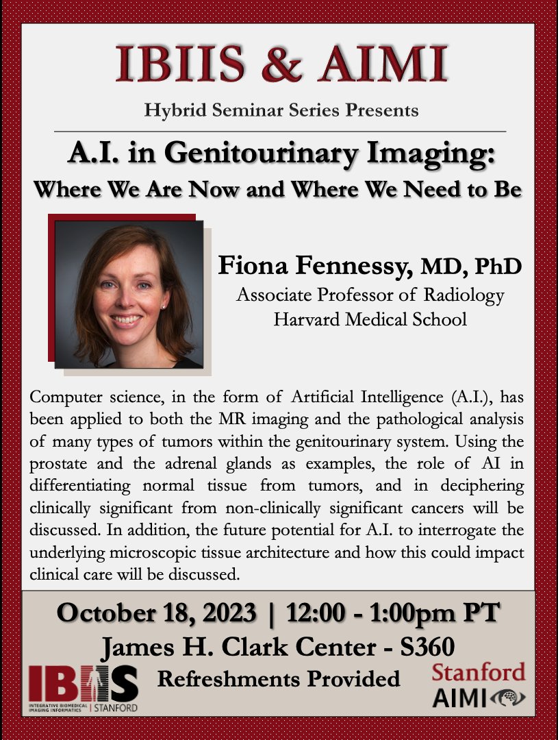 Join us today in Clark S360 at 12:00pm for Dr. Fiona Fennessy's seminar on 'A.I. in Genitourinary Imaging: Where We Are Now and Where We Need to Be'