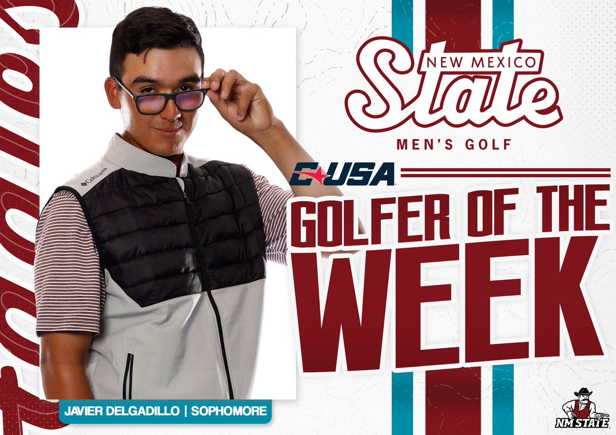 NMStateMGolf's tweet photo. After winning The Wimberly, sophomore Javier Delgadillo has been named the first @ConferenceUSA Men's Golfer of the Week in program history! 

📋: https://t.co/ahkAnxfVeN

#AggieUp https://t.co/WHVZRDq6oz