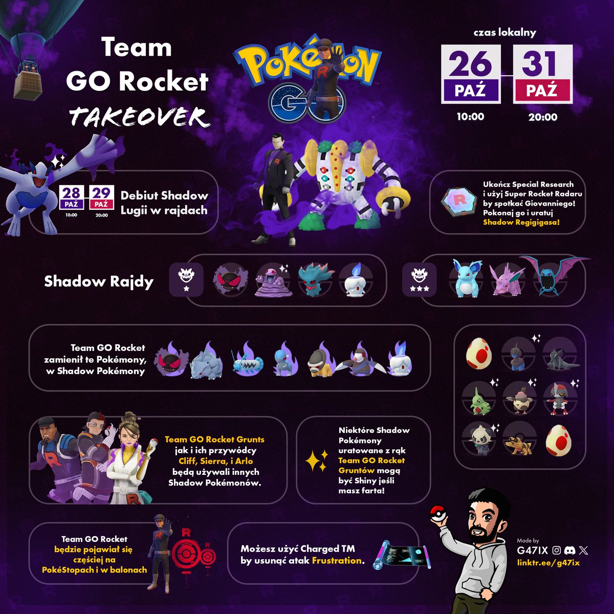 g47ix's tweet image. 📢Team GO Rocket Takeover ⚠️
🕴️Shadow Regigigas from Giovanni 
✨ Shadow Lugia from 5* Shadow raids!
💨 New Shadow Pokémon:
Drillbur, Rhyhorn, Cranidos, Shieldon and more!

#pokemongo #teamgorocket