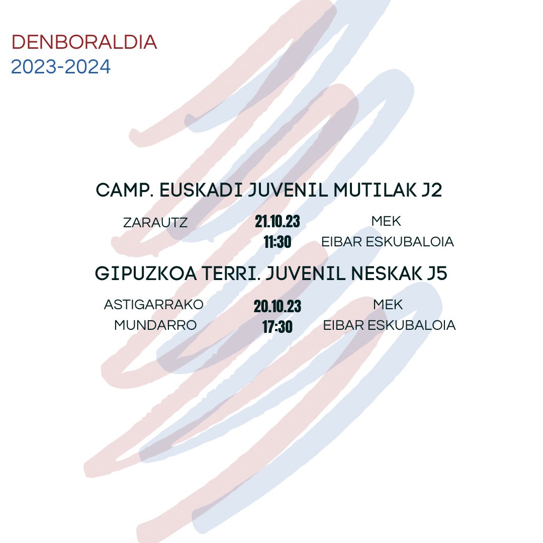 EibarEskubaloia's tweet photo. #Ordutegiak #Horarios 

Aste honetako ordutegiak 🤾‍♂️🤾🤾‍♀️ Los horarios de esta semana. 

#eibar #eskubaloia #eibareskubaloia #euskaleskubaloia https://t.co/ClsqM63TZv