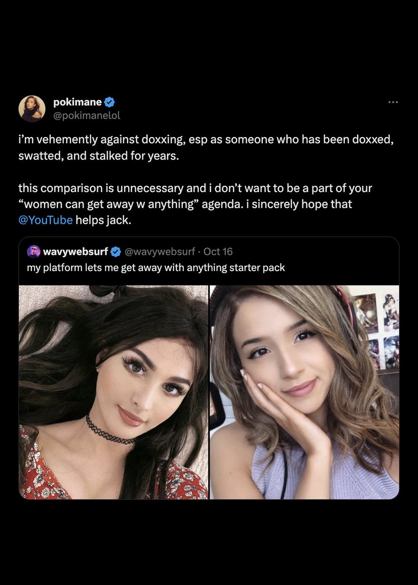 Dexerto's tweet image. “this comparison is unnecessary and i don’t want to be a part of your “women can get away w anything” agenda. i sincerely hope that YouTube helps jack.” 

Pokimane called out a Twitter user for comparing her to SSSniperwolf