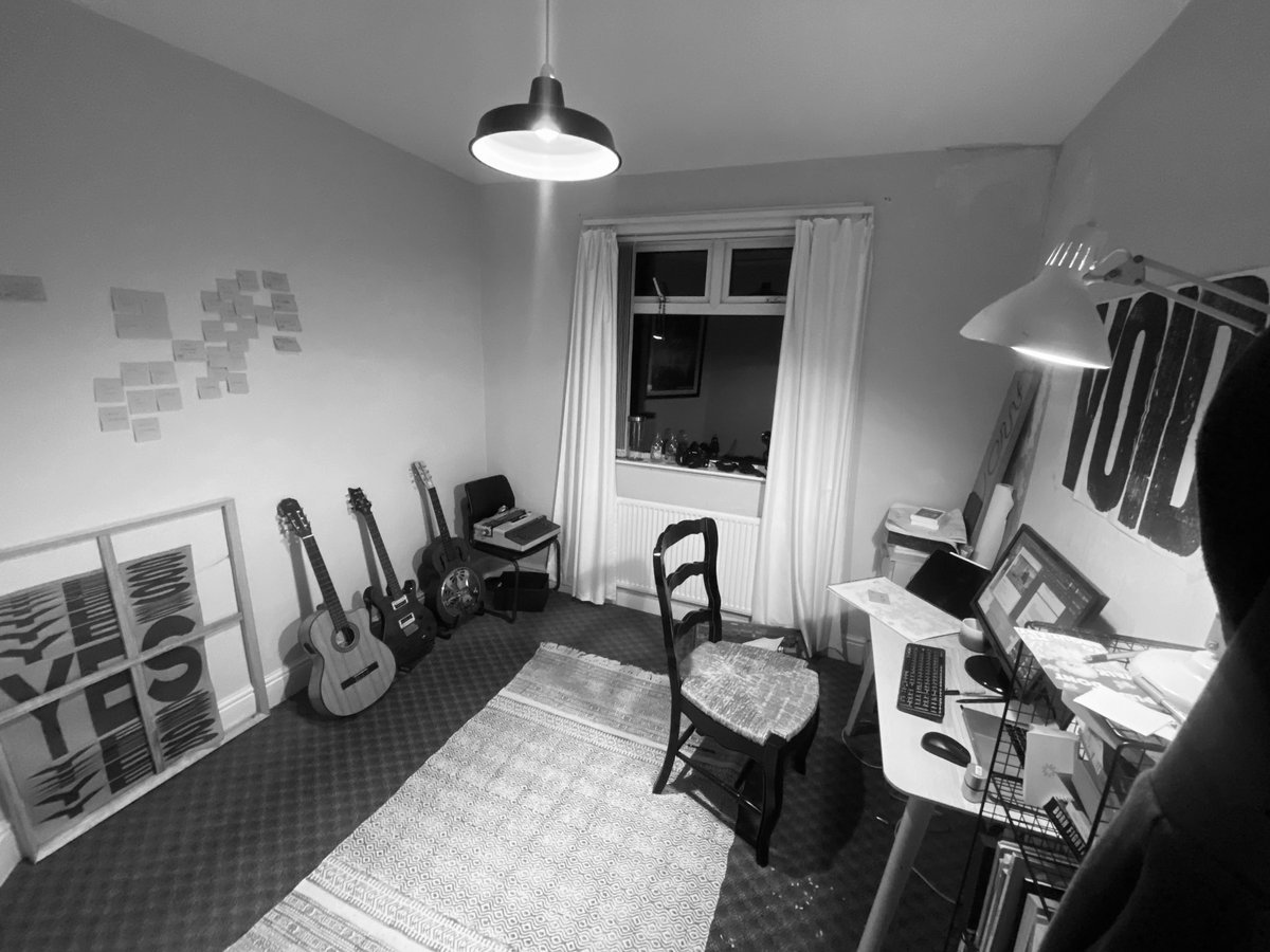 It’s not much now but for years I’ve lived surrounded by all the mad little creative pursuits of my life. Eating dinner at the kitchen table surrounded by a detritus of scribbles. Fair to say it cluttered my head. So I cleared out the spare room and now I have SPACE!