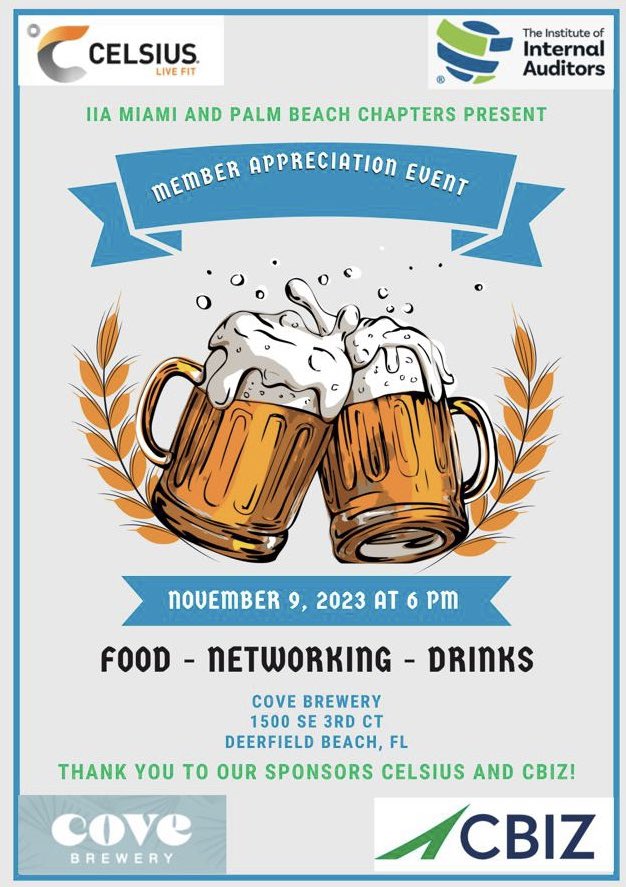 IIAMiami's tweet photo. Please join us and IIA Palm Beach on November 9th at 6pm at Cove Brewery for our Member Appreciation Event!  Thank you to our sponsors Celsius and CBIZ who have made this event possible!  #mIIAmi #iiapalmbeach #celsius #CBIZ #weloveourmembers https://t.co/6XwS7AhZSX