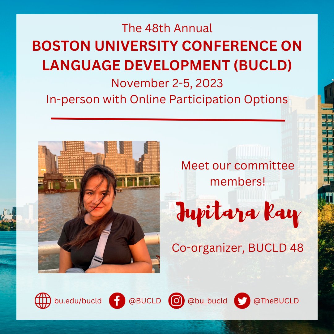 Next up, meet our co-organizers of #BUCLD48, who are running the show! Jupitara Ray (<a href="/JupitaraRay/">Jupitara Ray</a>) is one of our 2 co-organizers this year.

“One thing that would intersect with Linguistics and my own interests would be looking at cat trills and meows on a spectrogram.” -Jupitara