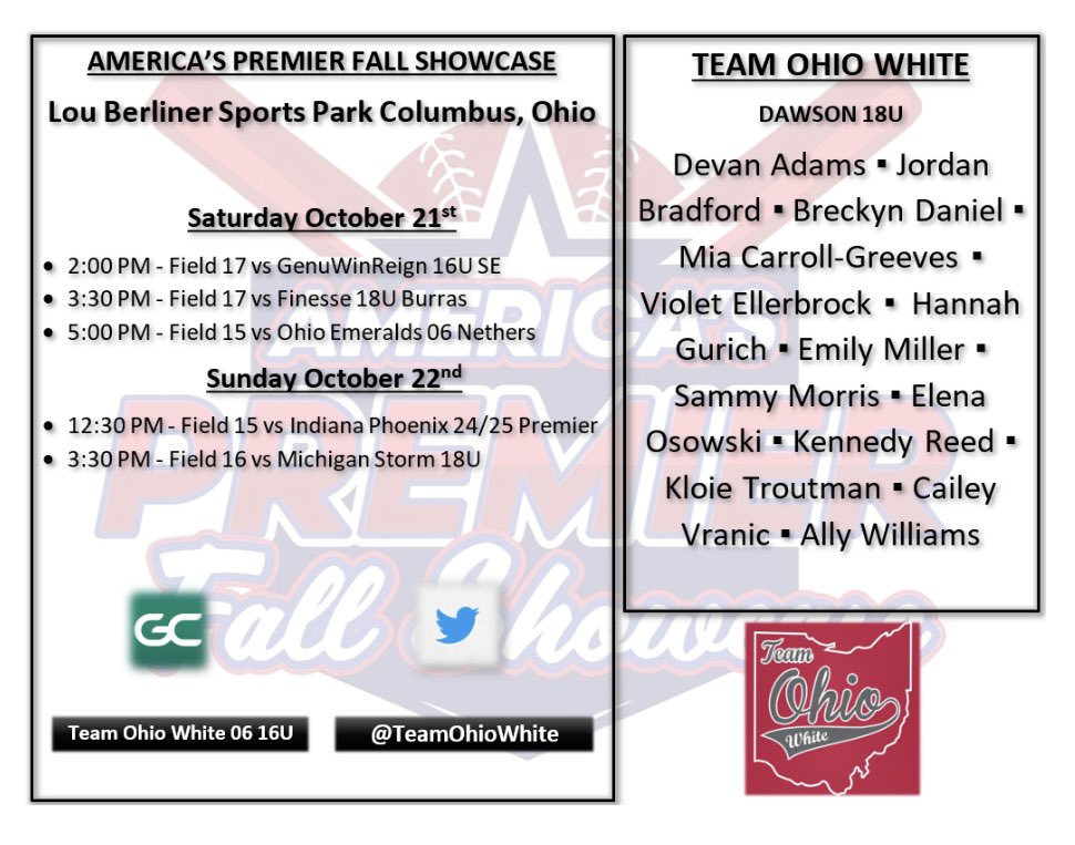 Team Ohio White (@teamohiowhite) on Twitter photo After losing last weekend to 🌧️ we are excited to get back to the grind this weekend <a href="/d1fastpitch1/">D1 Fastpitch</a> Americas Premier Showcase @ Berliner Park in Columbus 🥎 see you there .. Coaches, stop by and check out our pumpkin 🎃 of candy!! #yummy #talent After losing last weekend to 🌧️ we are excited to get back to the grind this weekend <a href="/d1fastpitch1/">D1 Fastpitch</a> Americas Premier Showcase @ Berliner Park in Columbus 🥎 see you there .. Coaches, stop by and check out our pumpkin 🎃 of candy!! #yummy #talent