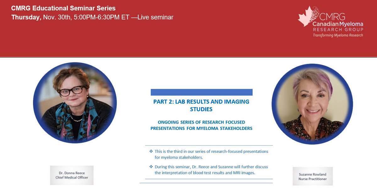 Join us for Myeloma Seminar 3! 📚 Dr. Donna Reece and Suzanne Rowland, NP will further discuss on the interpretation of blood test results and MRI images
Register now on Zoom to secure your spot. Don't miss out!
Registration link: us06web.zoom.us/meeting/regist…